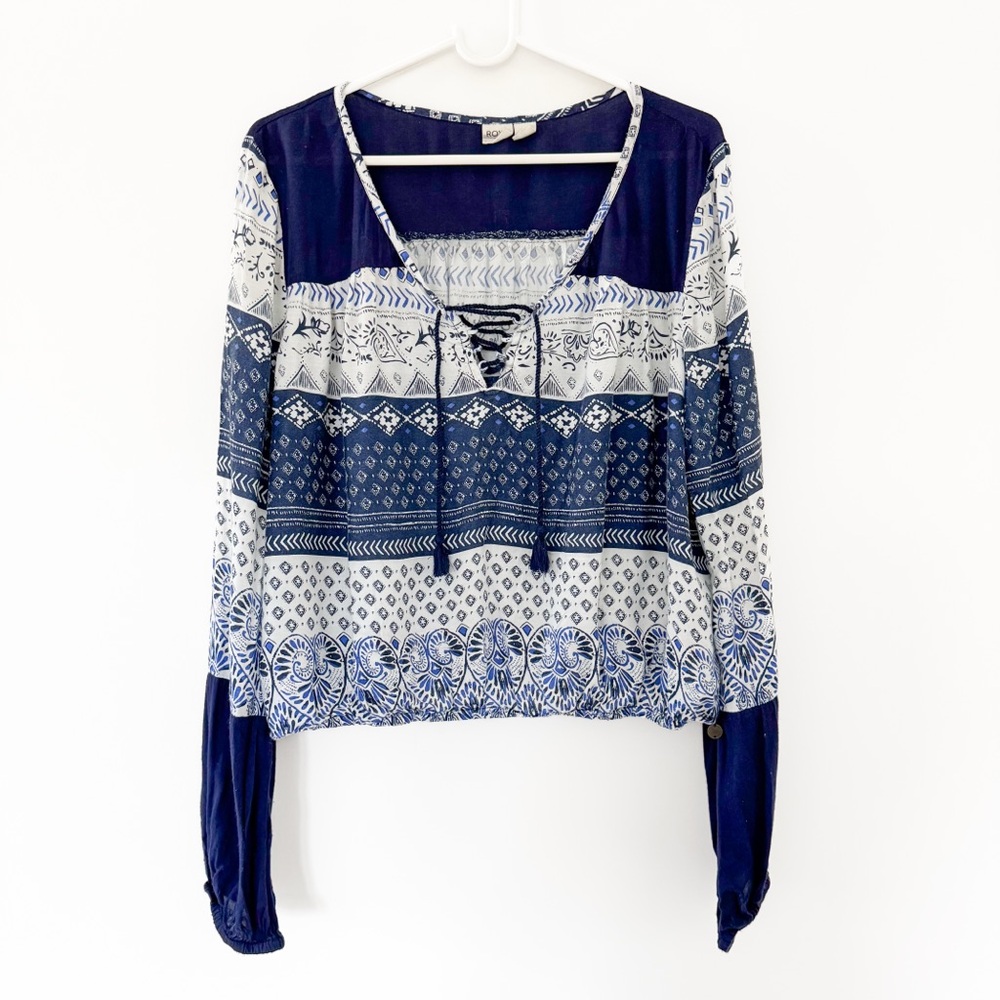 Roxy Blue & White Boho Peasant Blouse - Size Medium